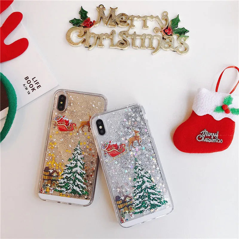Quicksand effect transparent double-layer phone case for iPhone and Samsung models in various colours.