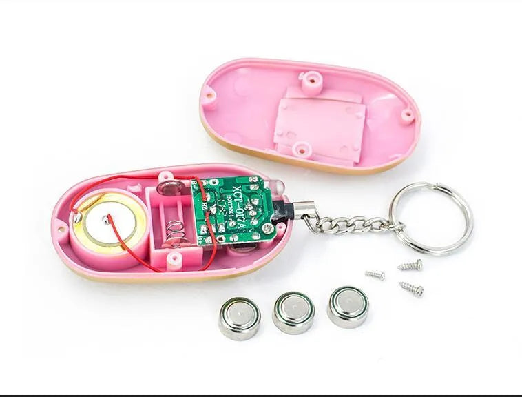 High decibel personal alarm pager keyring with 130dB siren, LED flashlight, and lanyard activation in black.