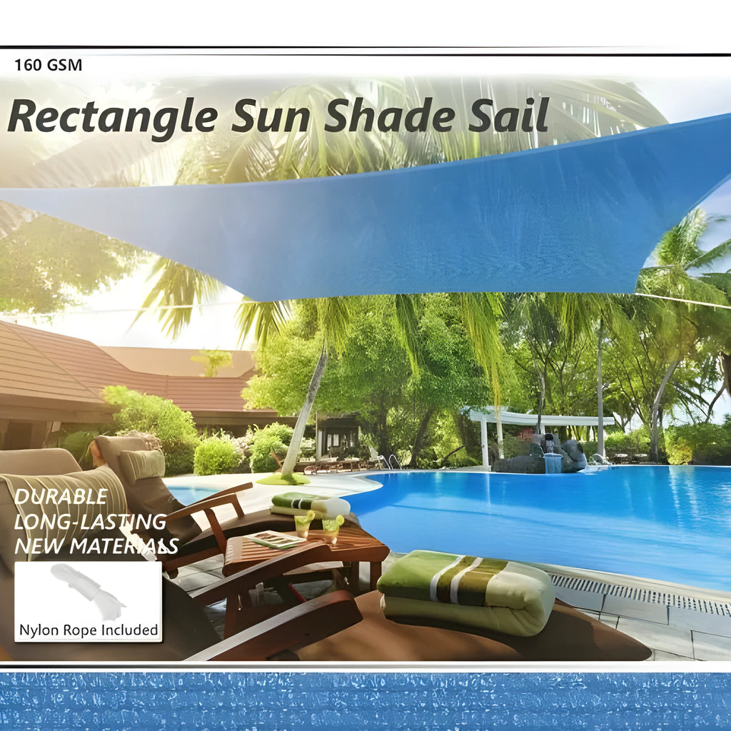 Blue waterproof shade sail measuring 3x4 metres with curved square shape for garden UV protection