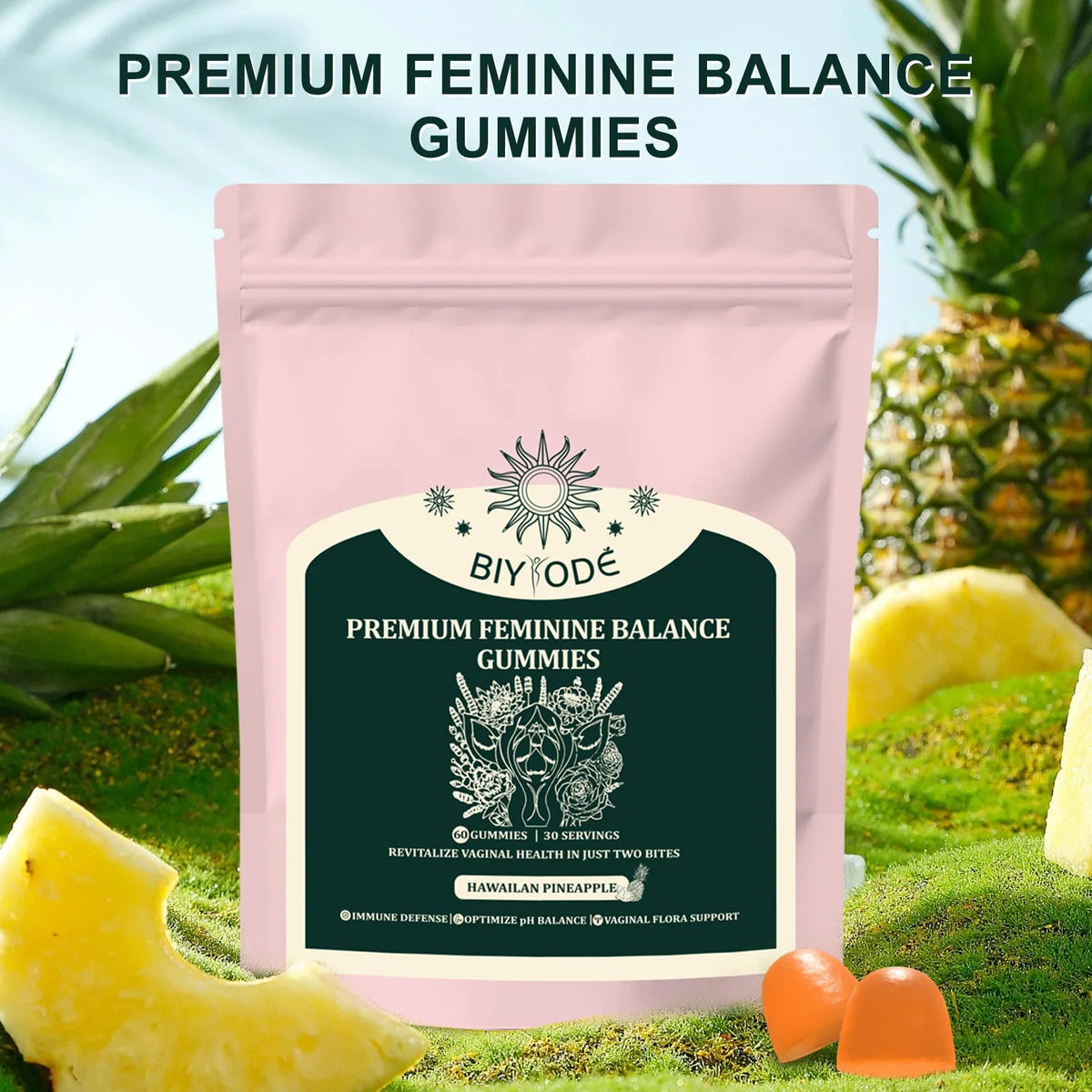 Feminine balance gummies in a clear pouch with pineapple flavour and vitamin C for vaginal health