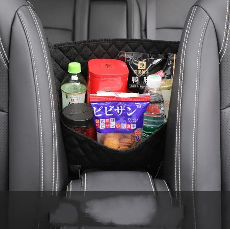 Black nylon mesh car seat storage net pocket, 27x39x10cm, universal fit between seats