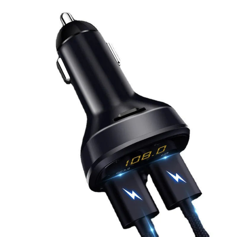 Car Bluetooth 5.0 FM transmitter with 1.1 inch LED screen and QC3.0 charging, powered by 12V-24V cigarette lighter