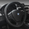 Leather steering wheel cover in black, black and blue, black and red, black dark coffee, or black light coffee, Four Seasons universal fit