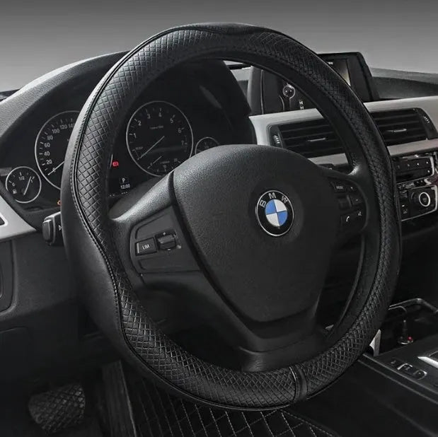 Leather steering wheel cover in black, black and blue, black and red, black dark coffee, or black light coffee, Four Seasons universal fit