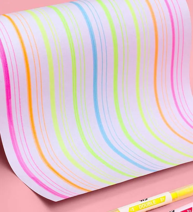 Set of six double-headed marker pens showing round and oblique tips, in assorted colours.
