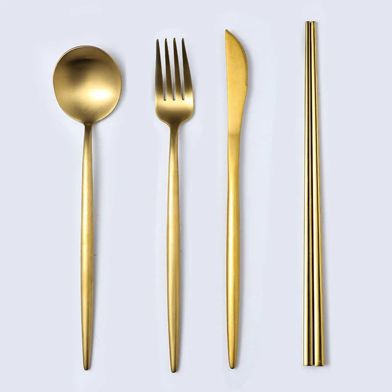 Premium stainless steel cutlery set with a mirror-polished finish, including coffee spoons, dessert spoons, main meal spoons, dessert forks, main forks, and chopsticks, presented in a stylish gift box.