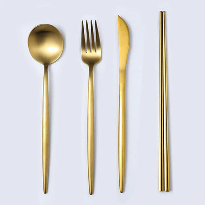 Premium stainless steel cutlery set with a mirror-polished finish, including coffee spoons, dessert spoons, main meal spoons, dessert forks, main forks, and chopsticks, presented in a stylish gift box.