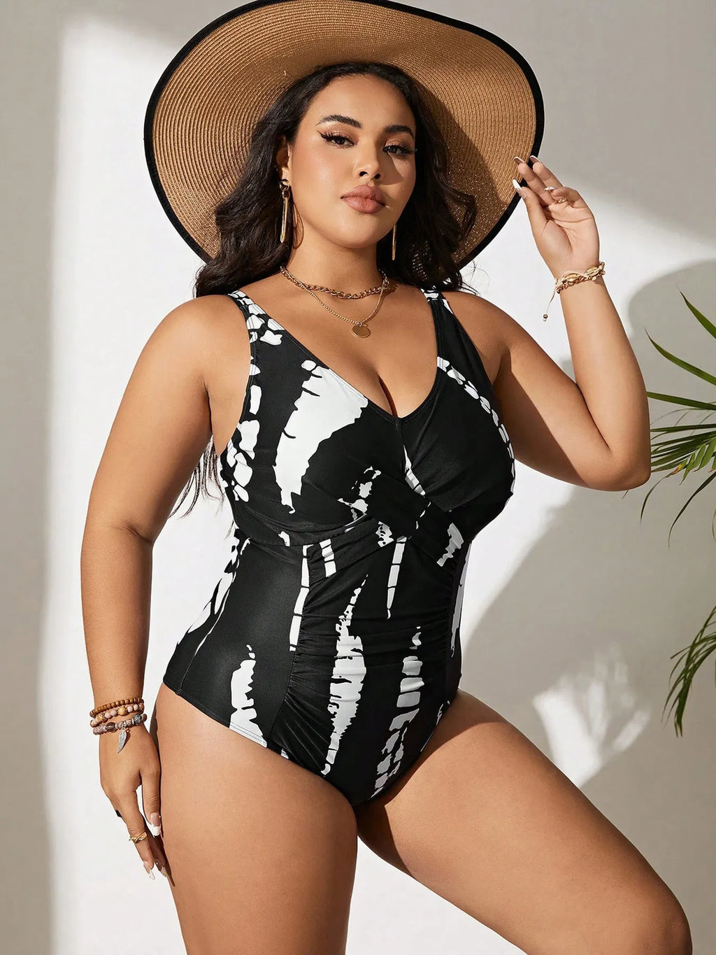 Black one-piece swimsuit with Siamese pattern in extended sizes from 0XL to 5XL