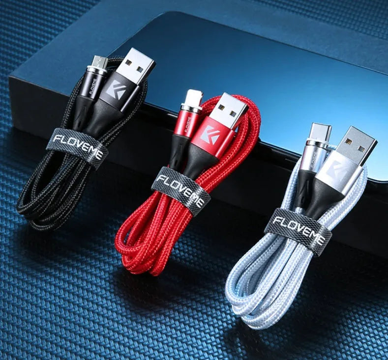 Black 3A fast charge magnetic data cable with 3-in-1 connector for iPhone, Android and Type-C.