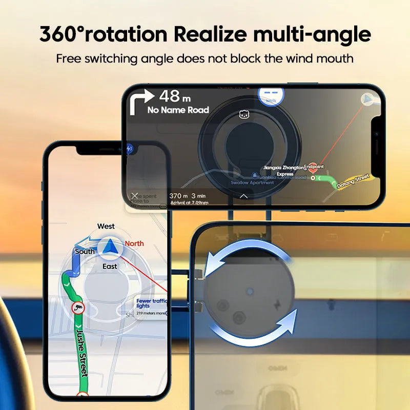 Telescopic folding magnetic car phone holder in black or silver mounted on a vehicle dashboard.