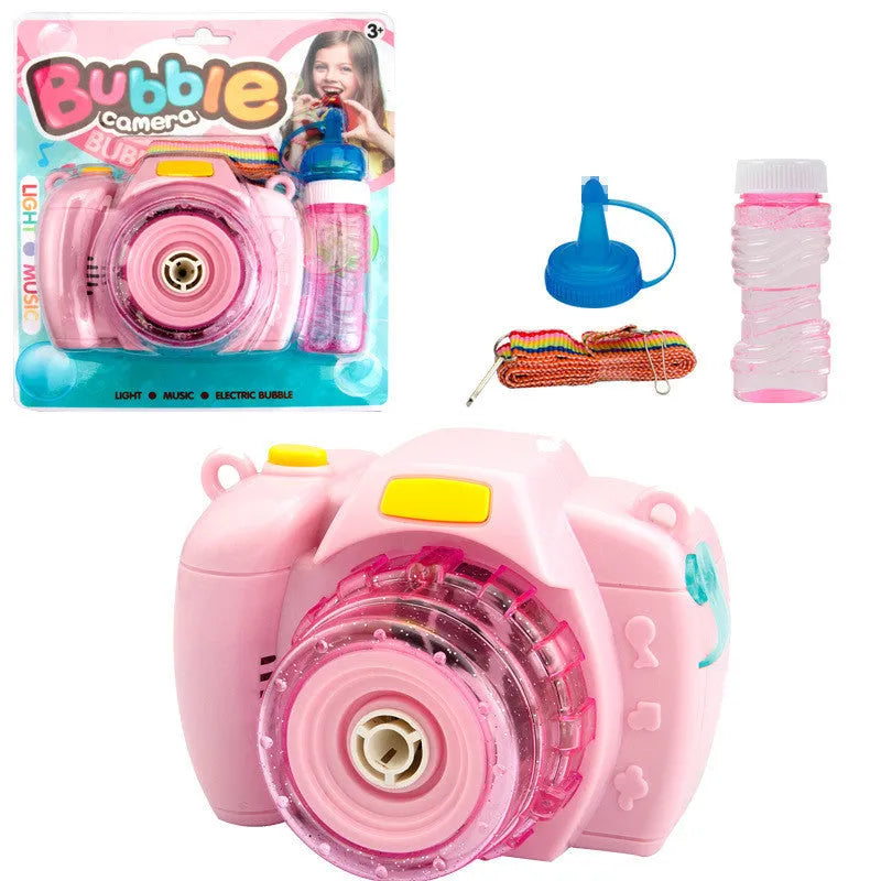 Green or pink camera-shaped automatic bubble machine for kids with LED lights