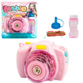 Green or pink camera-shaped automatic bubble machine for kids with LED lights