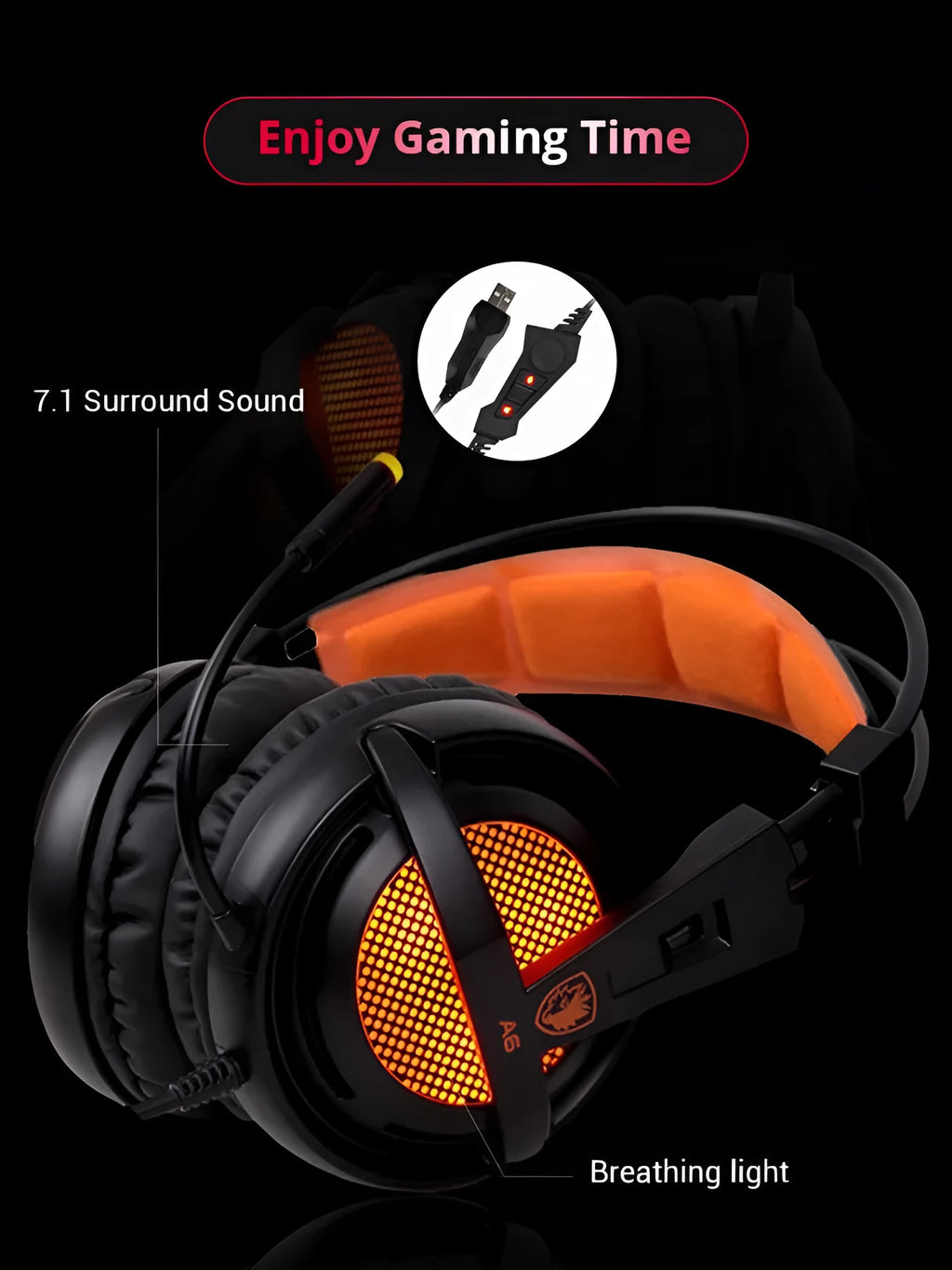 Black and white USB gaming headset with LED lights on ear cups and padded headband.