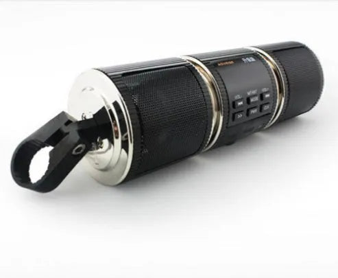 Motorcycle Bluetooth music player with aluminium body, LED screen, and adjustable handlebar mount in black finish