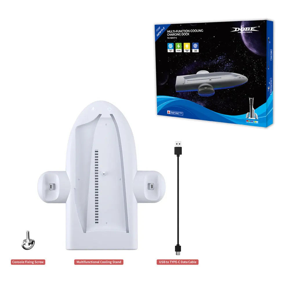 White PS5 Slim charging base with cooler fan, RGB lighting, and fixed charger belt