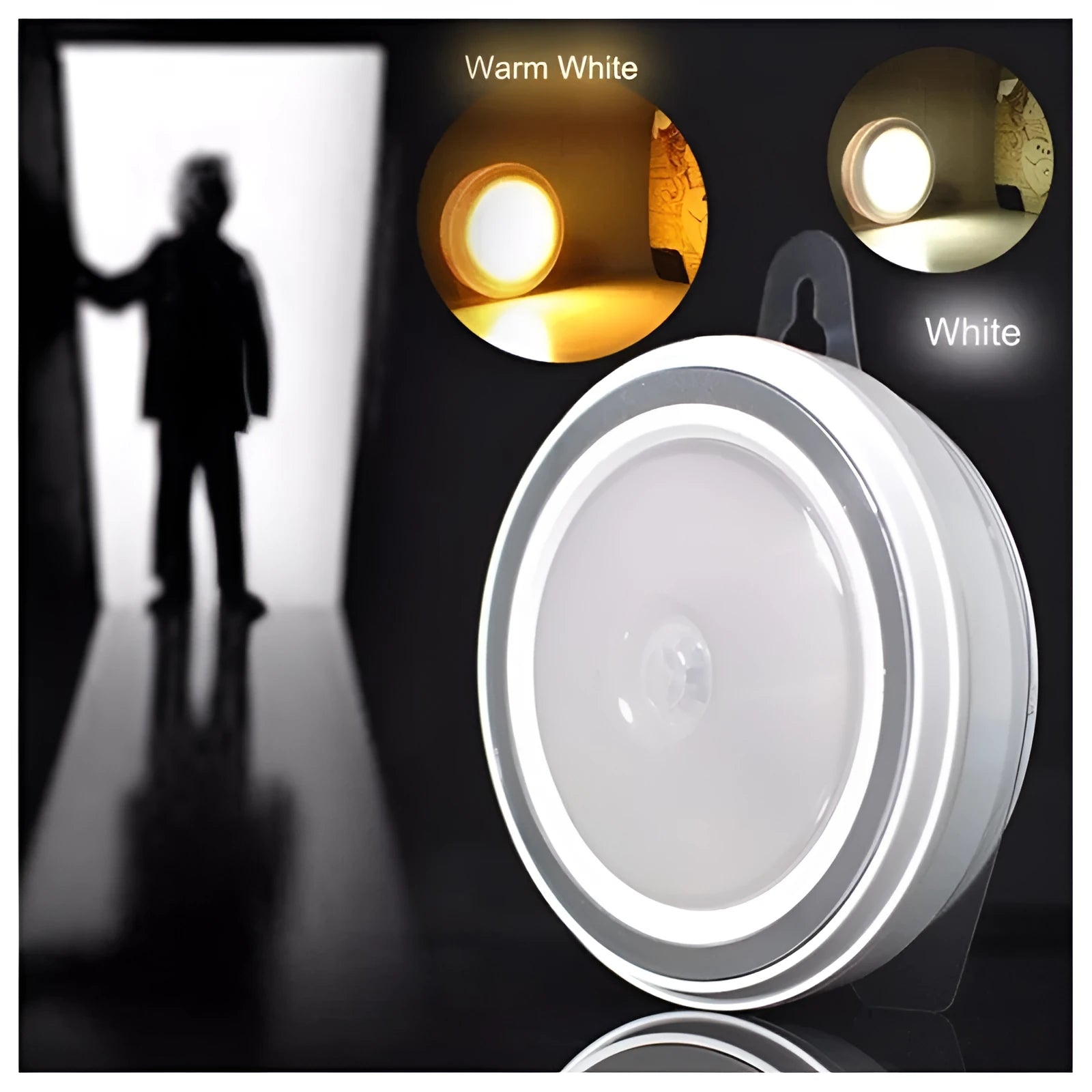 Round white motion sensor LED light for wardrobe or corridor with 80mm diameter.
