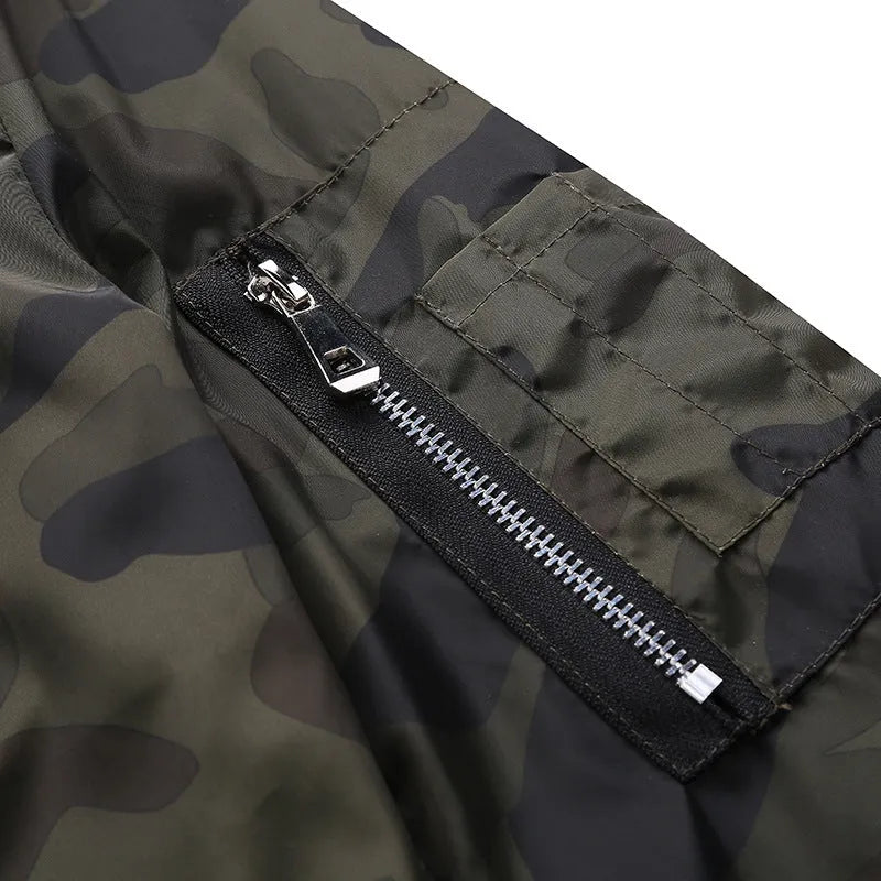 Men's camouflage bomber jacket, stand collar, zip front, long sleeves, welt pockets, army green or dark grey