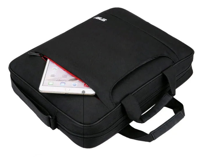 Black polyester laptop bag for 15-inch and 15.6-inch ASUS computers with shoulder strap and multiple pockets.