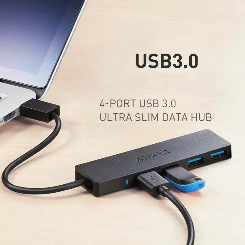 Black Anker USB 3.0 4-port hub with 200mm cable for laptop and desktop computers