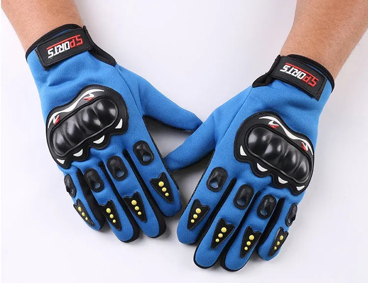 Full finger sports gloves with hard shell, anti-slip palm, touch screen finger and thumb, available in black, blue, and red.