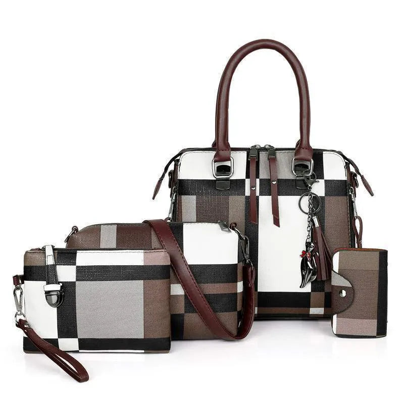 Women's plaid PU shoulder crossbody bag with tassel, soft exterior, multiple interior pockets, black colour