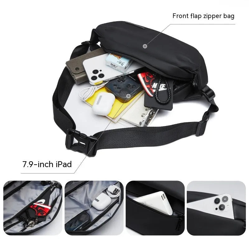 Black Oxford cloth men's messenger bag with cross-body strap and visible stitching.