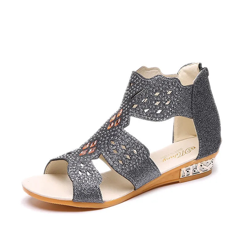 Women's flat sandals with rhinestone decoration, open toe fish mouth design, and back zipper closure in black, beige, or gold