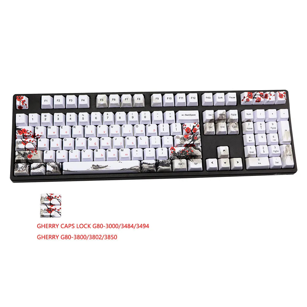 PBT Wangjiang Plum blossom theme keycap set for mechanical keyboards, showing five-sided sublimation printing.