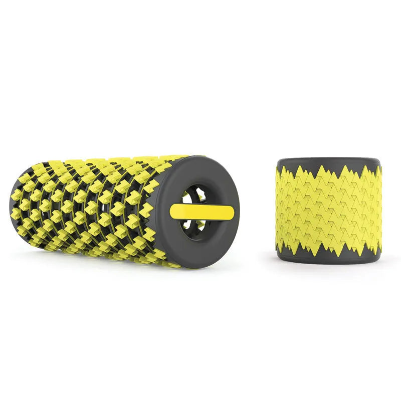 Handheld percussion massage equipment in blue and yellow for fascia relaxation and deep tissue relief