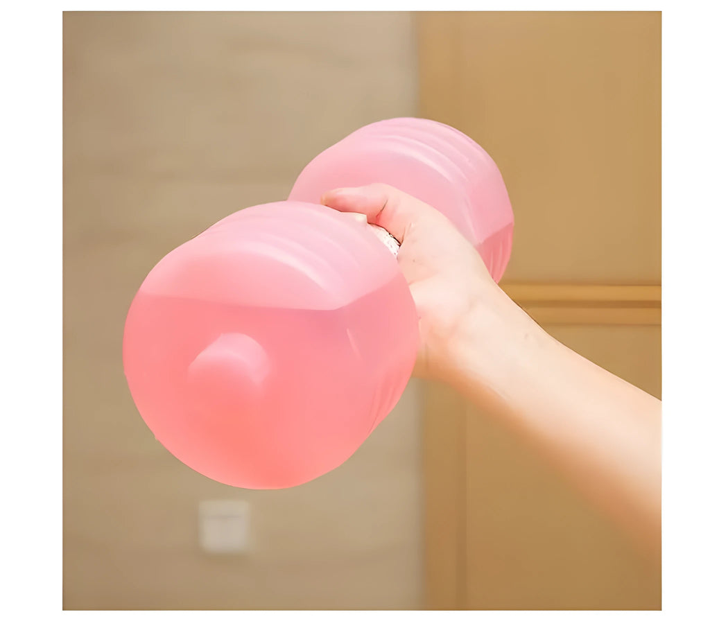Pair of water-filled fitness dumbbells in pink and green, polypropylene, approximately 1kg each when filled