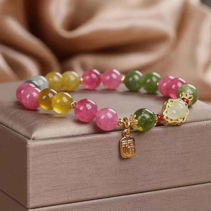 Women's gourd blessing card bracelet with colourful tourmaline stones and electroplated floral design