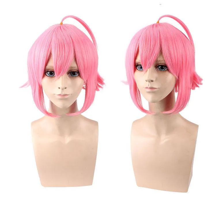Pink upturned cosplay wig with artificial scalp and rose net inner cap, 35cm length, pre-styled for costume use.