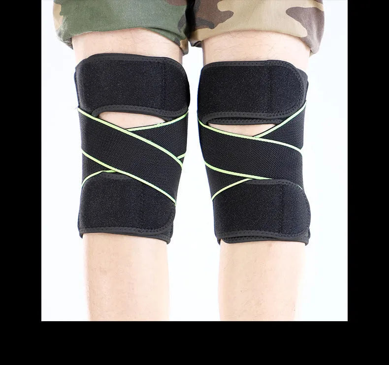 Black outdoor sports compression knee pads with metal spring, SBR pad, and magic buckle, Type A or B
