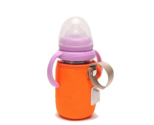 Baby USB bottle warmer with cotton cover showing orange and blue colour options