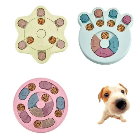 Dog eating interactive stuffy toy slow feed bowl in blue with non-slip base and small food sections
