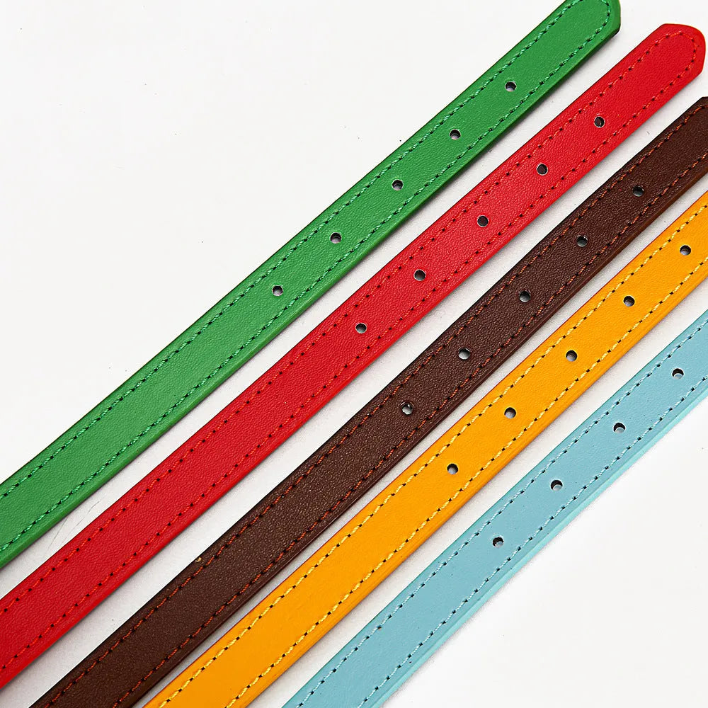 PU dog collar in coffee, sky blue, gold, green, or red, available in sizes S 1.0x30 and M 1.5x30