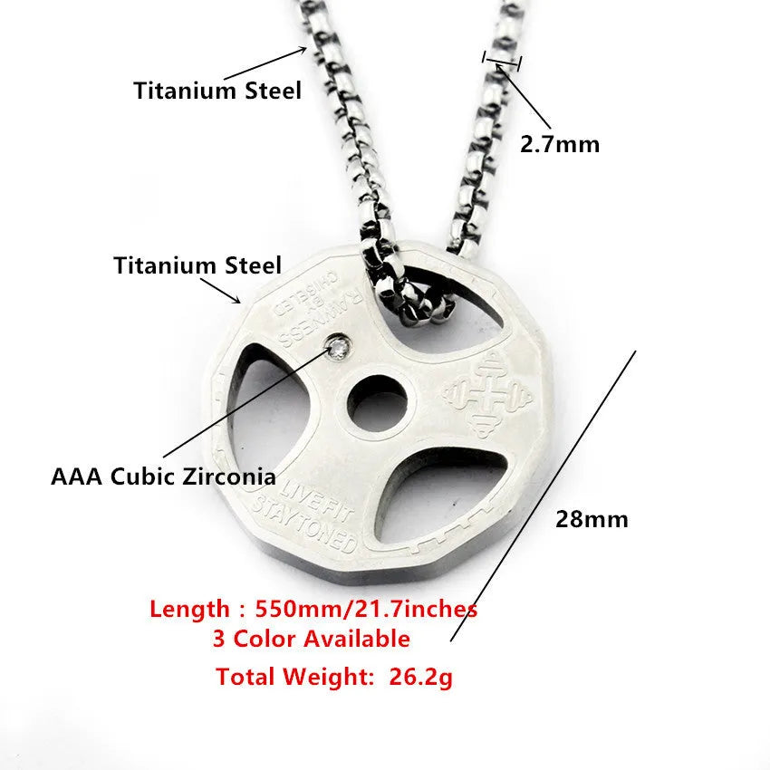 Men's titanium steel barbell dumbbell pendant necklace in gold colour, geometric 28 mm pendant on link chain