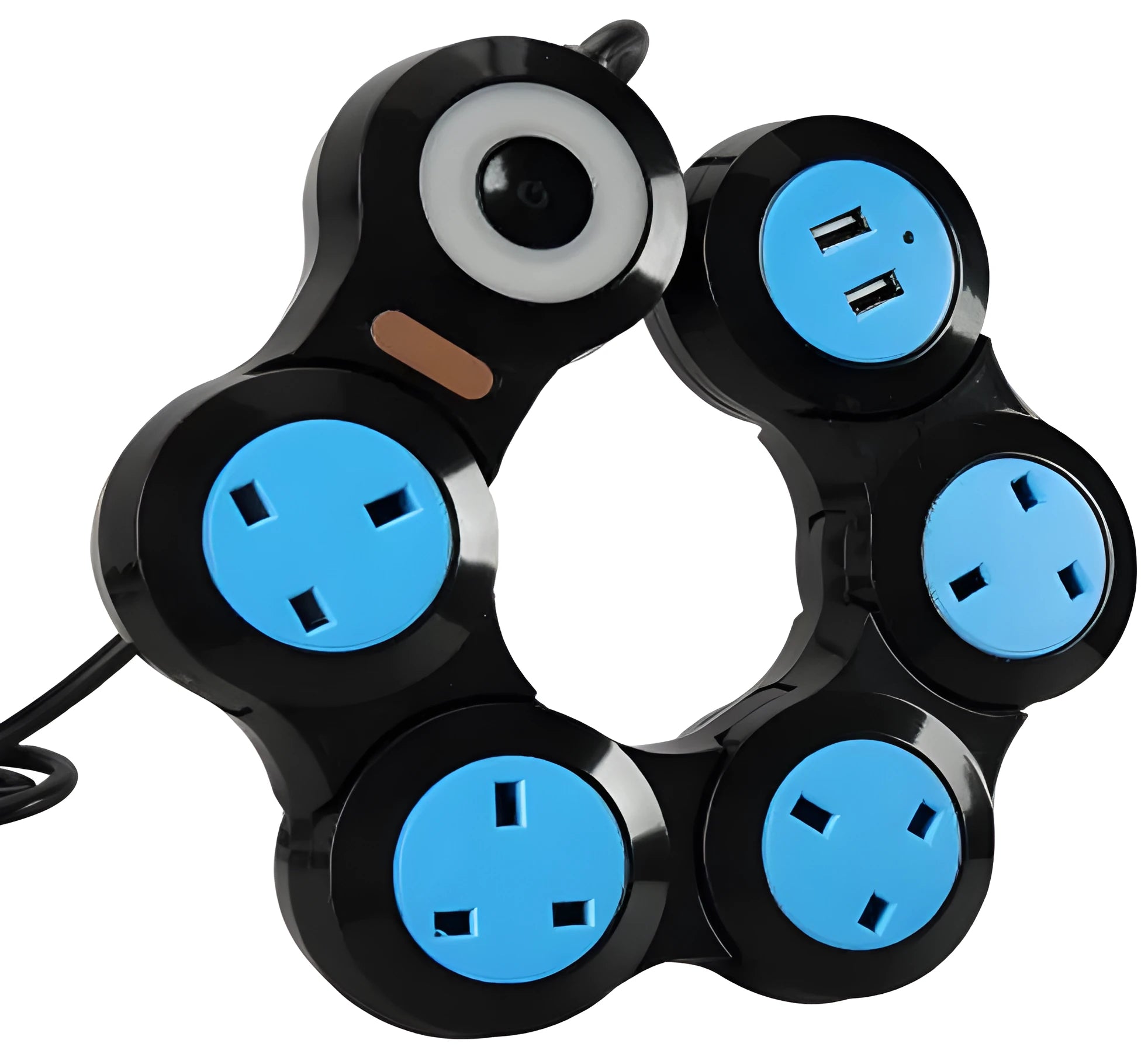 White and black UK 5-gang power strip with USB ports and a long cable.