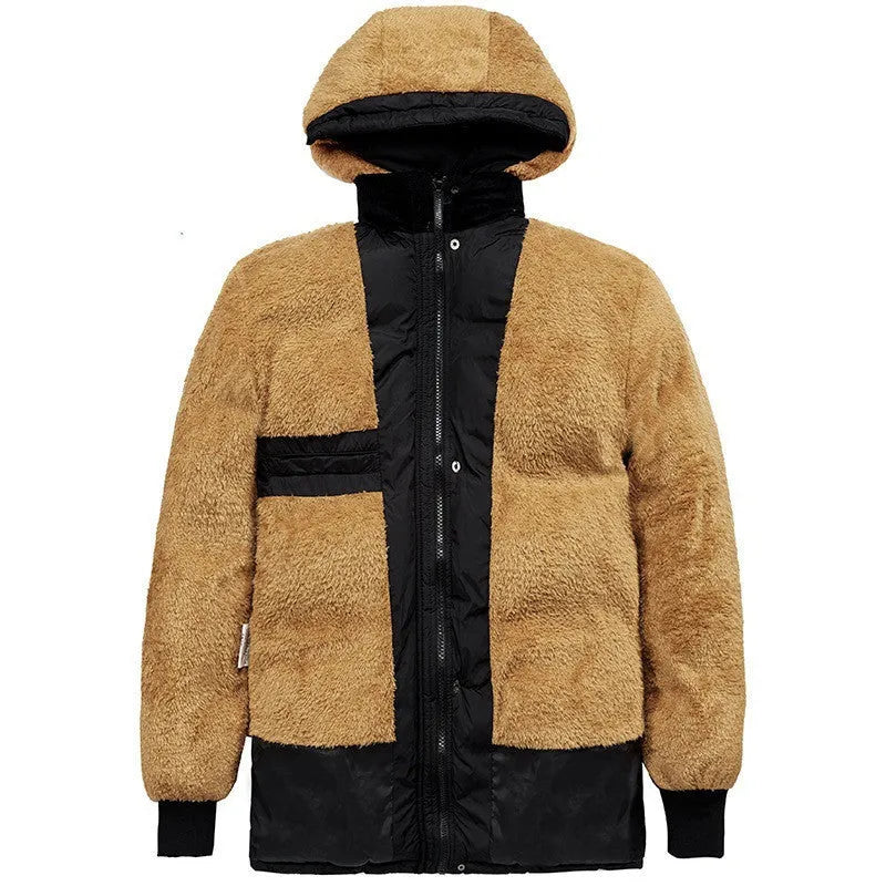 Man wearing a black loose-fit velvet double-breasted hooded winter jacket