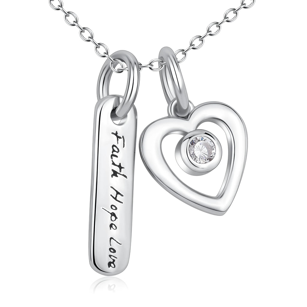 925 silver heart pendant necklace engraved Faith Hope Love with micro drill finish on 18 inch chain