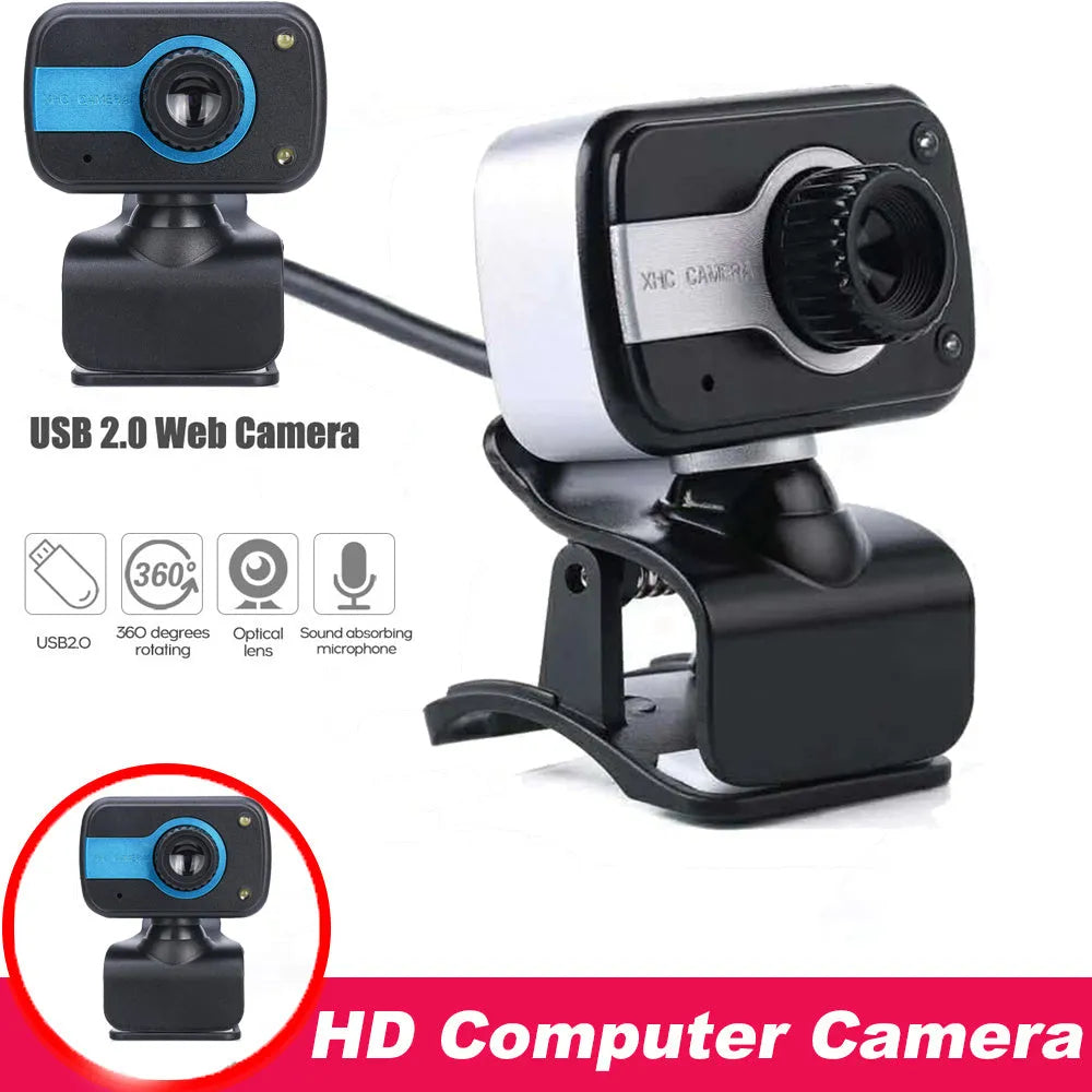 Blue mini USB webcam with rotating base on a laptop screen.