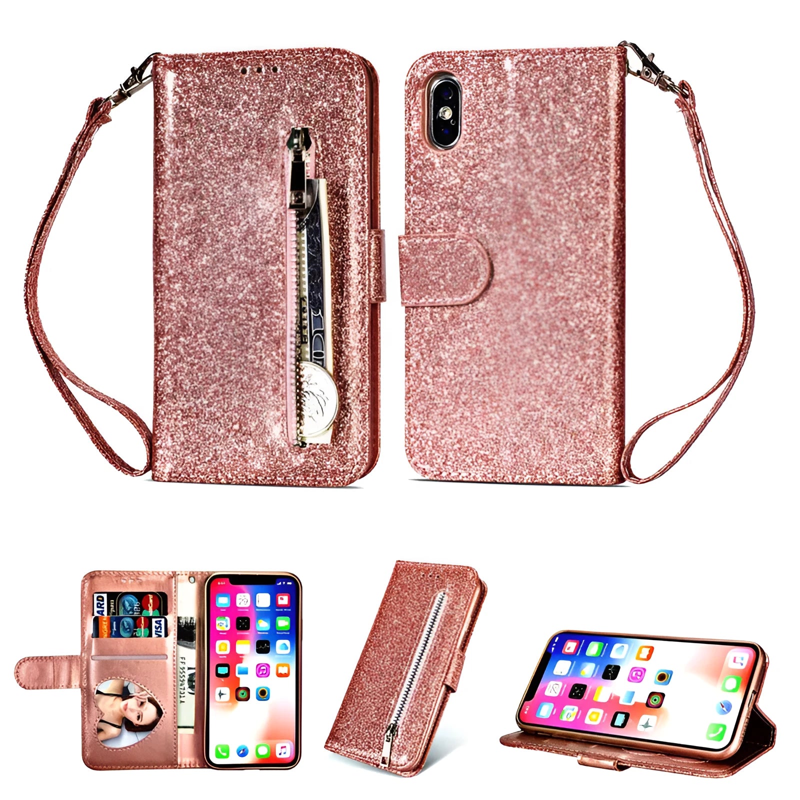 Black PU leather zipper case for iPhone shown closed and open next to a phone.
