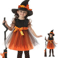 Child's purple and yellow witch costume with bat and broom designs, made from linen-blend fabric.