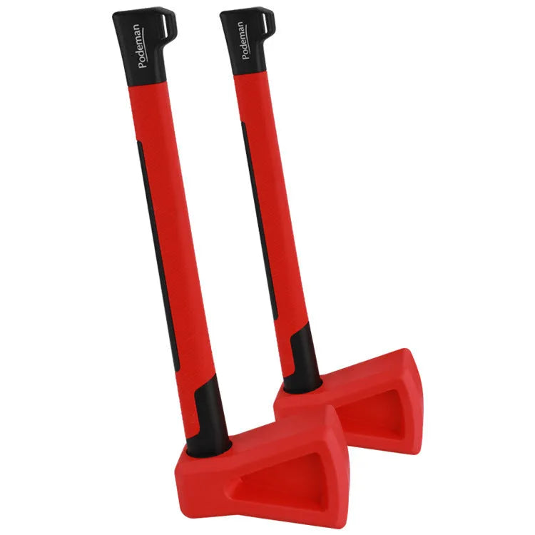Red plastic axe-shaped muscle trainer for home fitness and strength workouts.