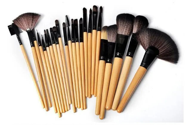 24 piece professional makeup brush set with wooden handles in PU gift bag