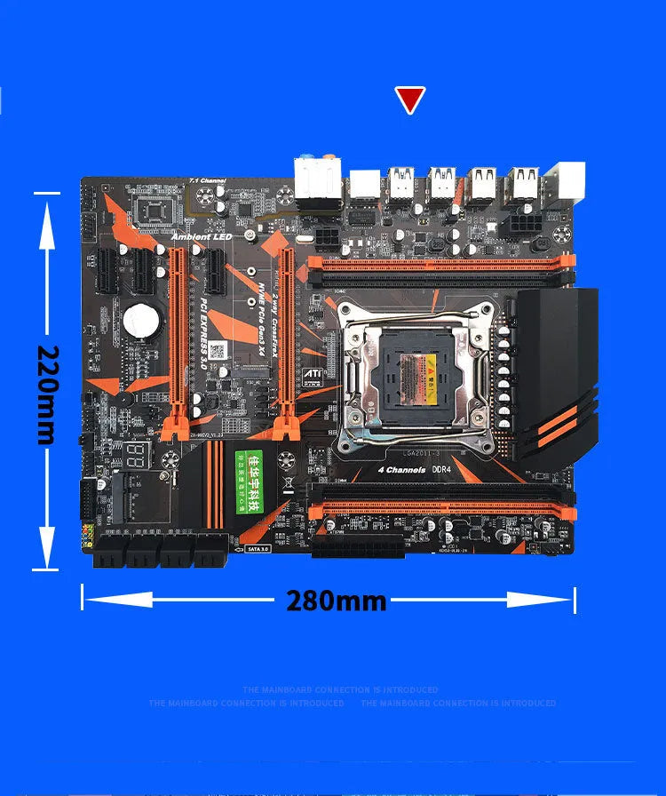 Black X99 chipset desktop motherboard with LGA2011-3 socket, four DDR4 slots, and dual PCI-E x16 slots.