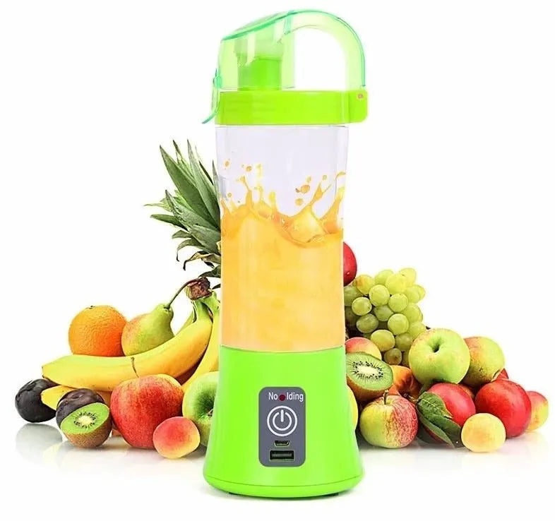 Blue portable electric handheld juicer with USB charging port and 400ml measurement markings on cup.