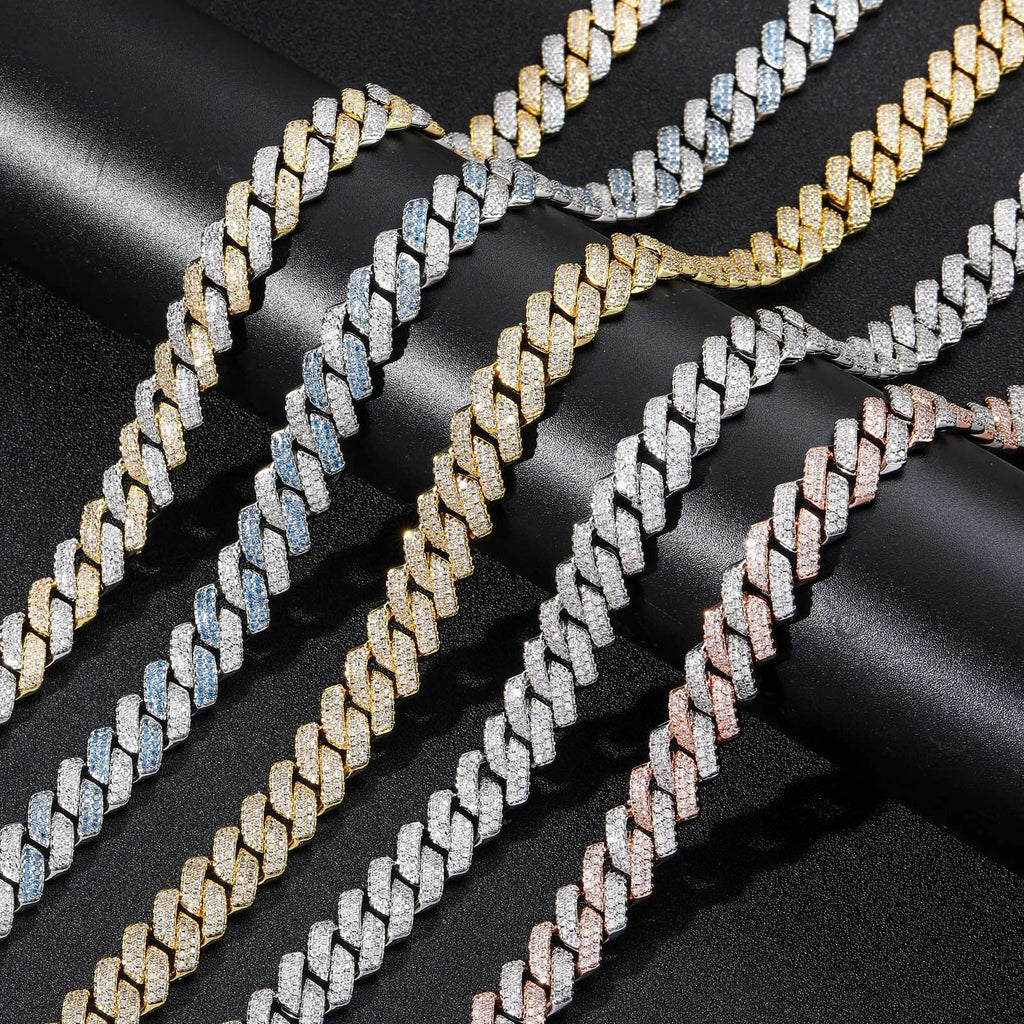 Gold finish 14mm bar Cuban copper chain with micro-inlaid zircon stones on white background