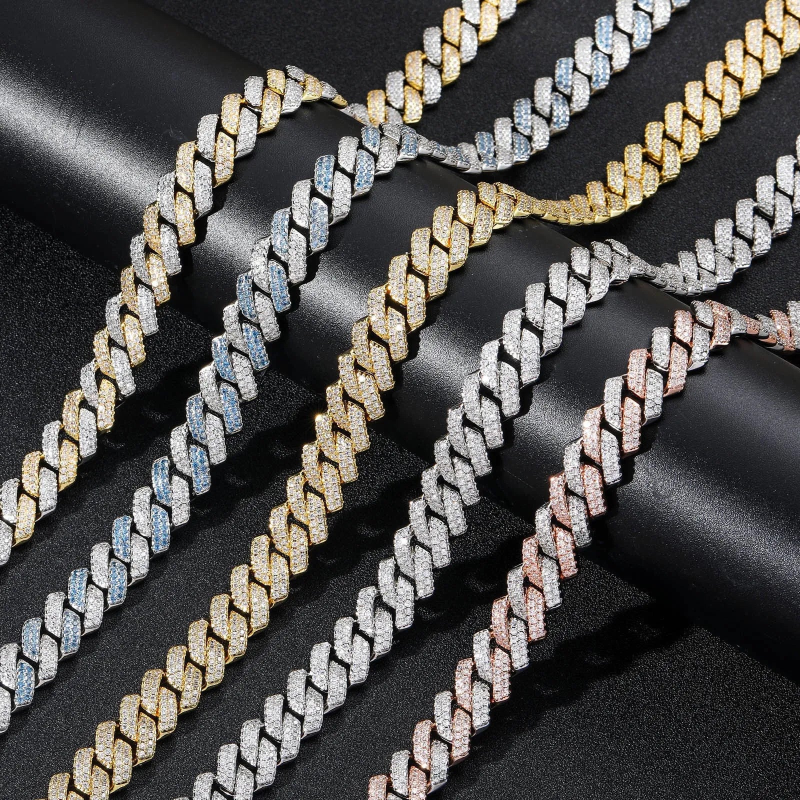 Gold finish 14mm bar Cuban copper chain with micro-inlaid zircon stones on white background