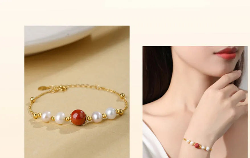 Yellow retro-style bracelet with red cinnabar beads and white pearls on a silver chain.